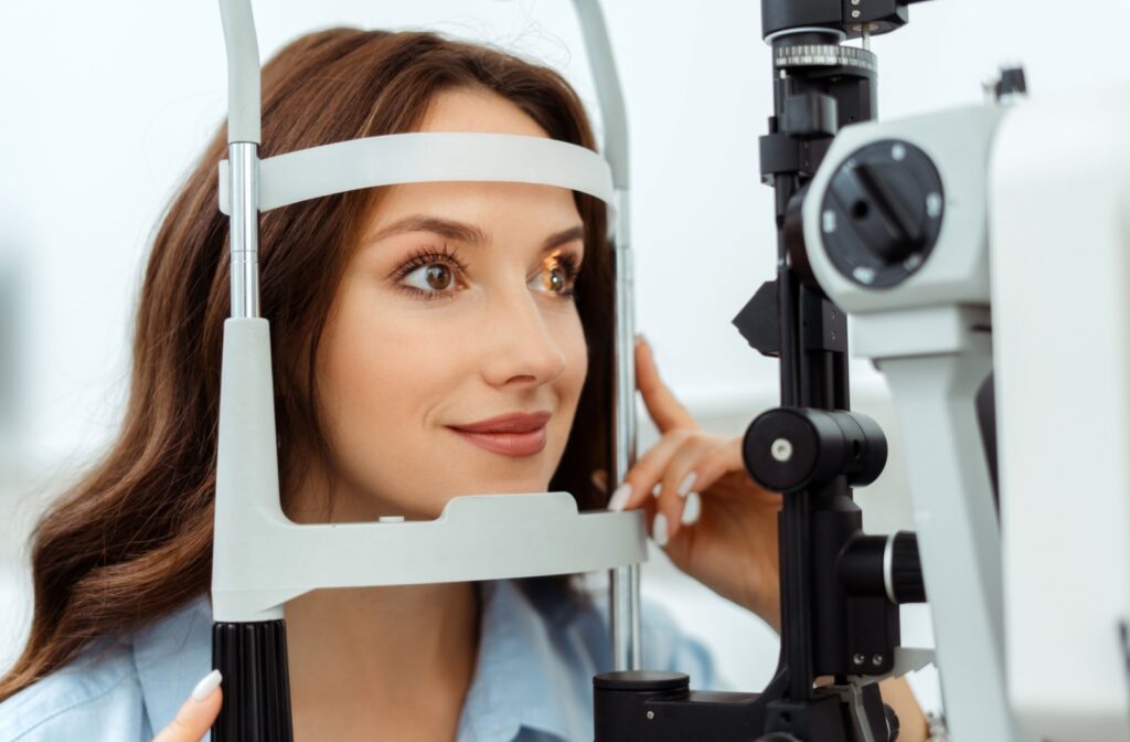 a person undergoing an eye exam which may include the air puff eye test to measure intraocular pressure.