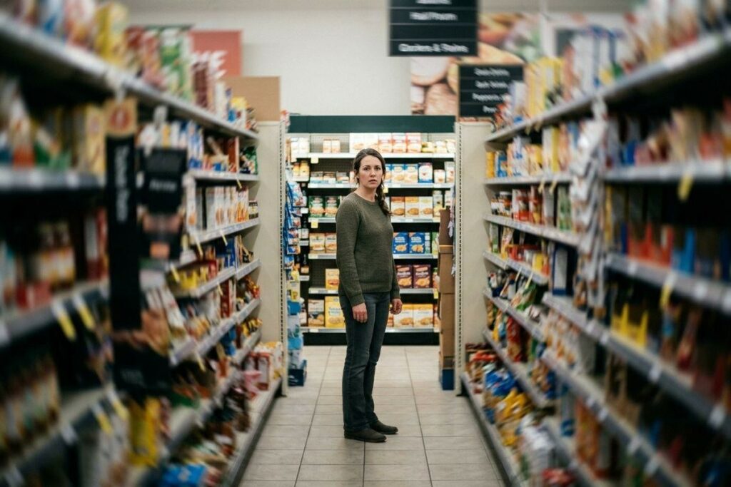 Adult standing still in a grocery store aisle, looking sideways with a concerned expression, surrounded by shelves of packaged food.