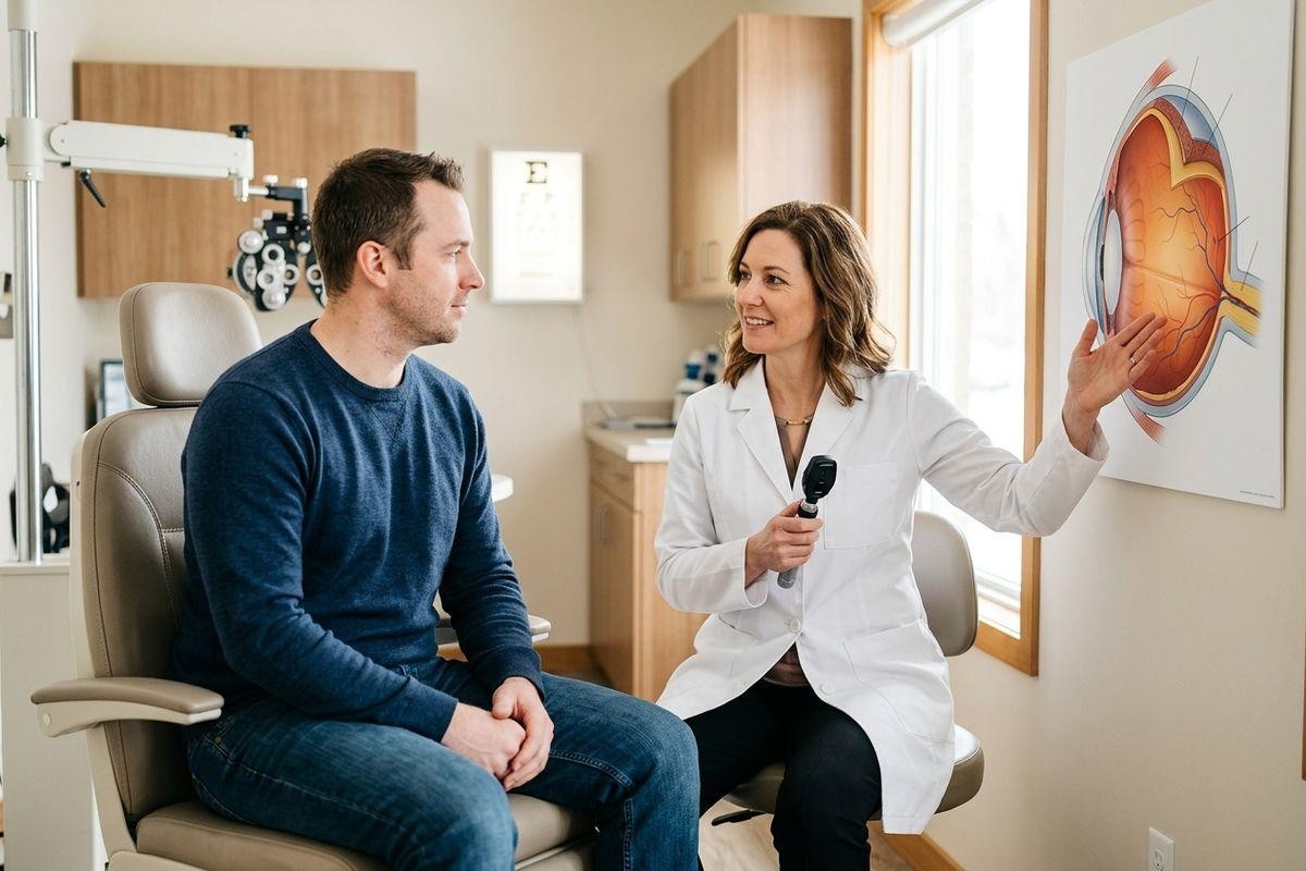 optometrist-smiling-pointing-to-an-eye-anatomy-diagram-while-speaking-with-a-pat Optometrist smiling pointing to an eye anatomy diagram while speaking with a pat