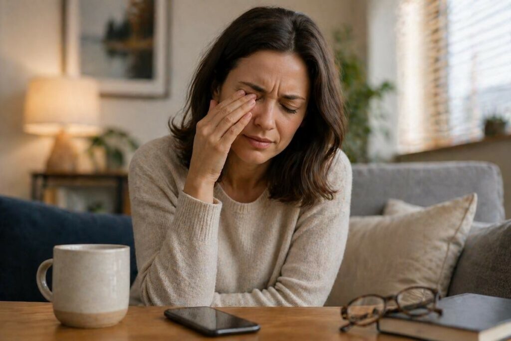 A woman sits at a table with a pained expression, rubbing her closed eye with her hand, suggesting symptoms of digital eye strain, fatigue, or dry eyes. A smartphone, eyeglasses, a book, and a mug are on the table in front of her.