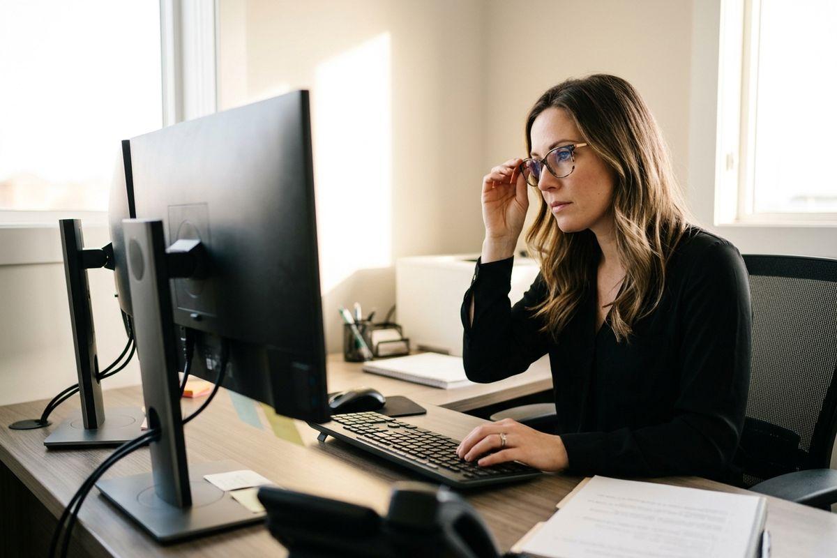 Adult wearing glasses sitting at an office desk, focused on a computer monitor while typing, adjusting their glasses with one hand.