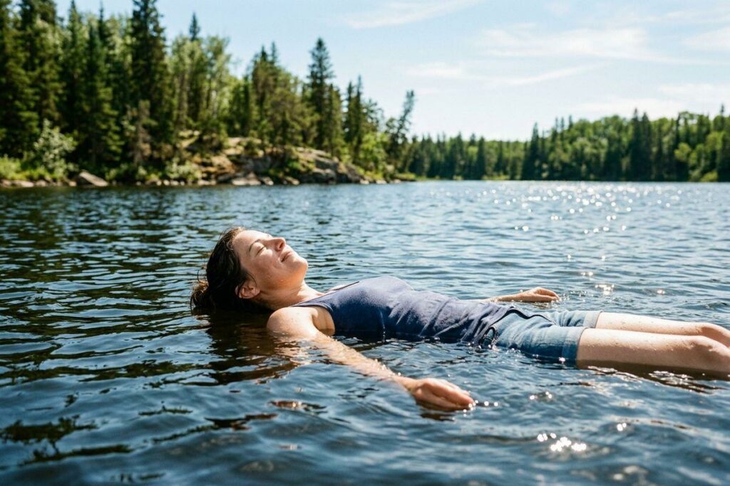 Person floating on their back in a lake, eyes closed, with a forested shoreline behind them.