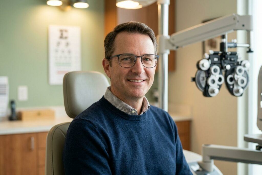 Smiling adult wearing glasses seated in an eye exam chair, with a phoropter and eye chart visible in the background.