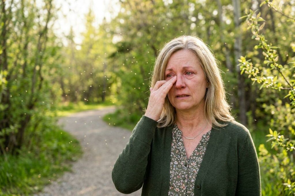 Adult rubbing a reddened eye on a wooded path, surrounded by greenery and small flying insects.