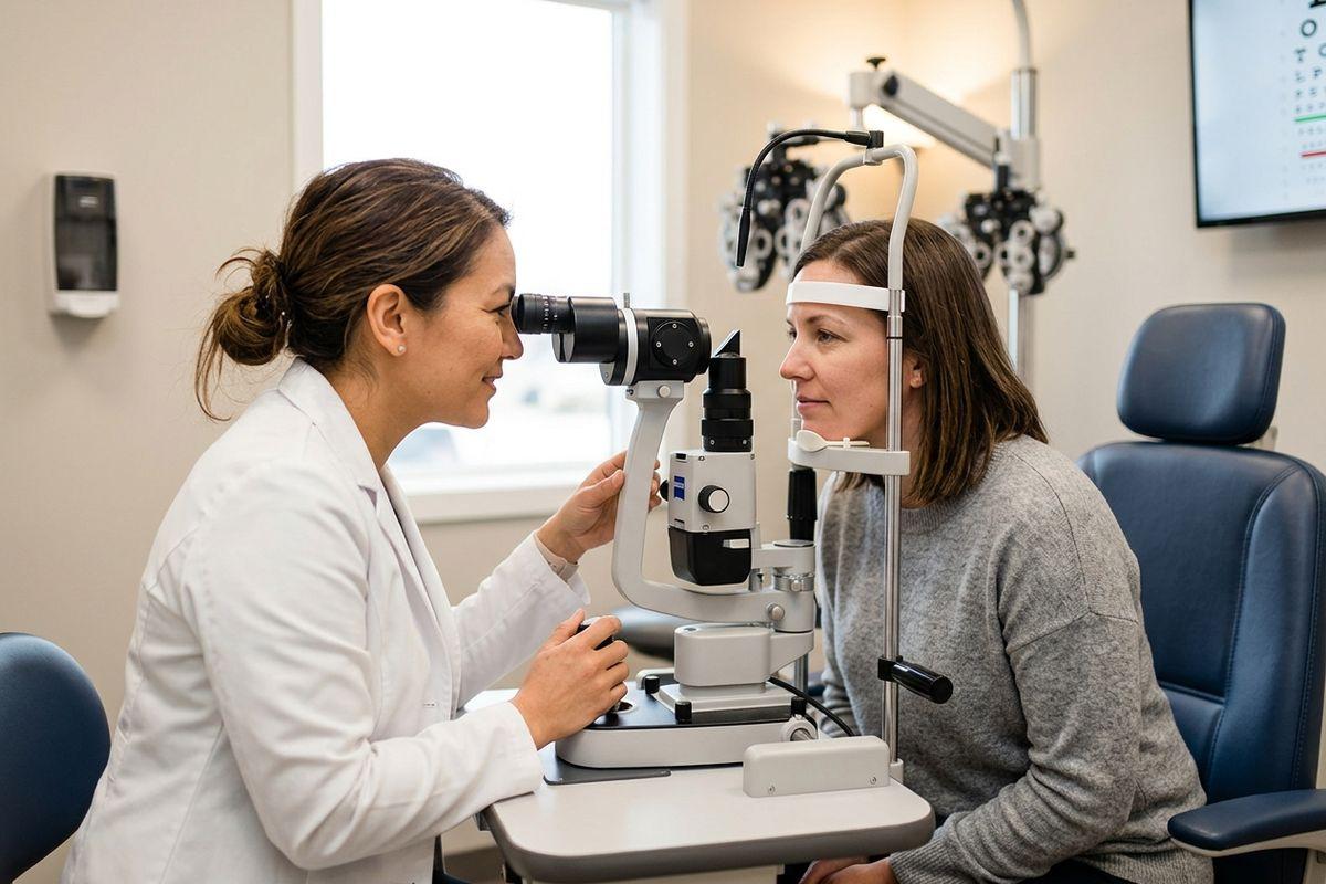 Optometrist examines a patient's eyes using a slit lamp in an exam room, with an eye chart on the wall.