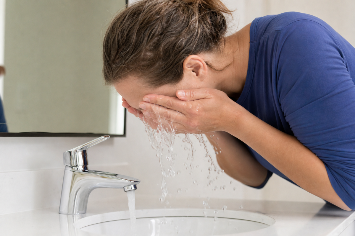 Person in a blue top leaning over a bathroom sink, splashing water on their face with cupped hands.