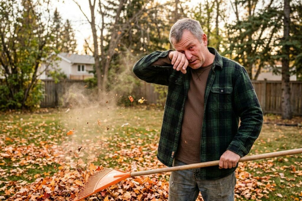 Person in plaid shirt rubbing one eye while raking fallen leaves in a fenced backyard, dust and leaves swirling.