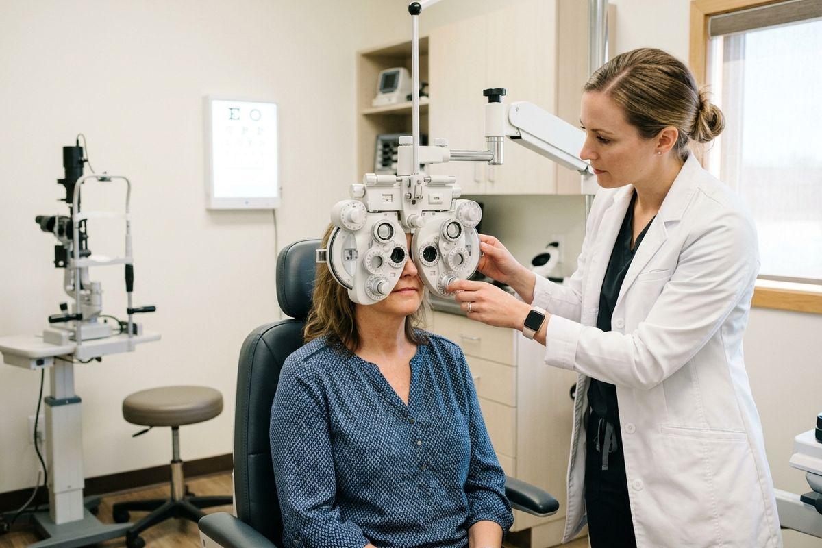 Optometrist adjusts a phoropter during an eye exam for a seated patient in a clinic room with an eye chart on the wall.