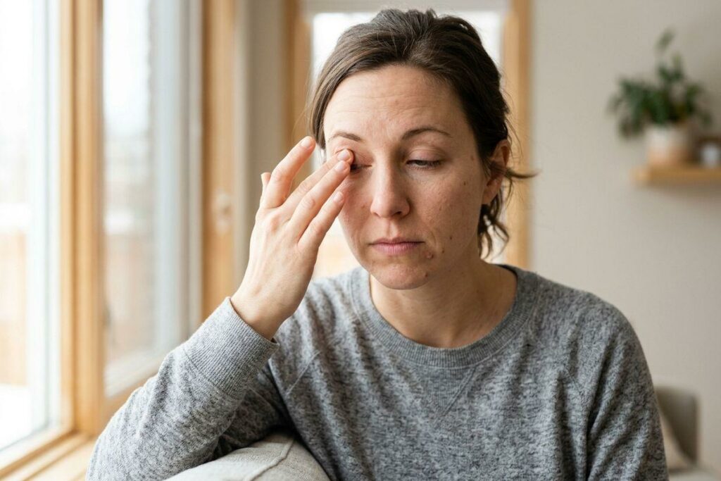 Person in a gray sweater rubbing one eye near a window, looking tired.